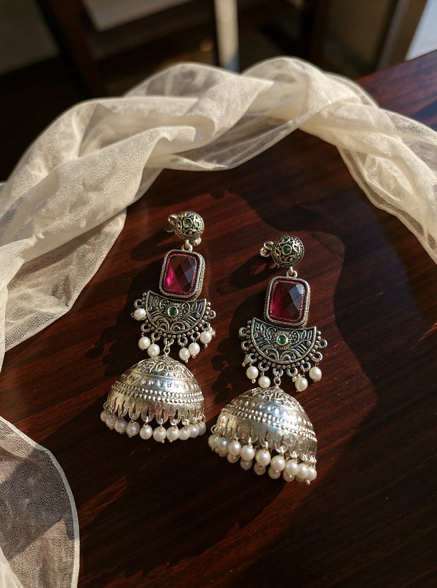 Oxidized Silver Jhumka Earrings with Pink Ruby Stone
