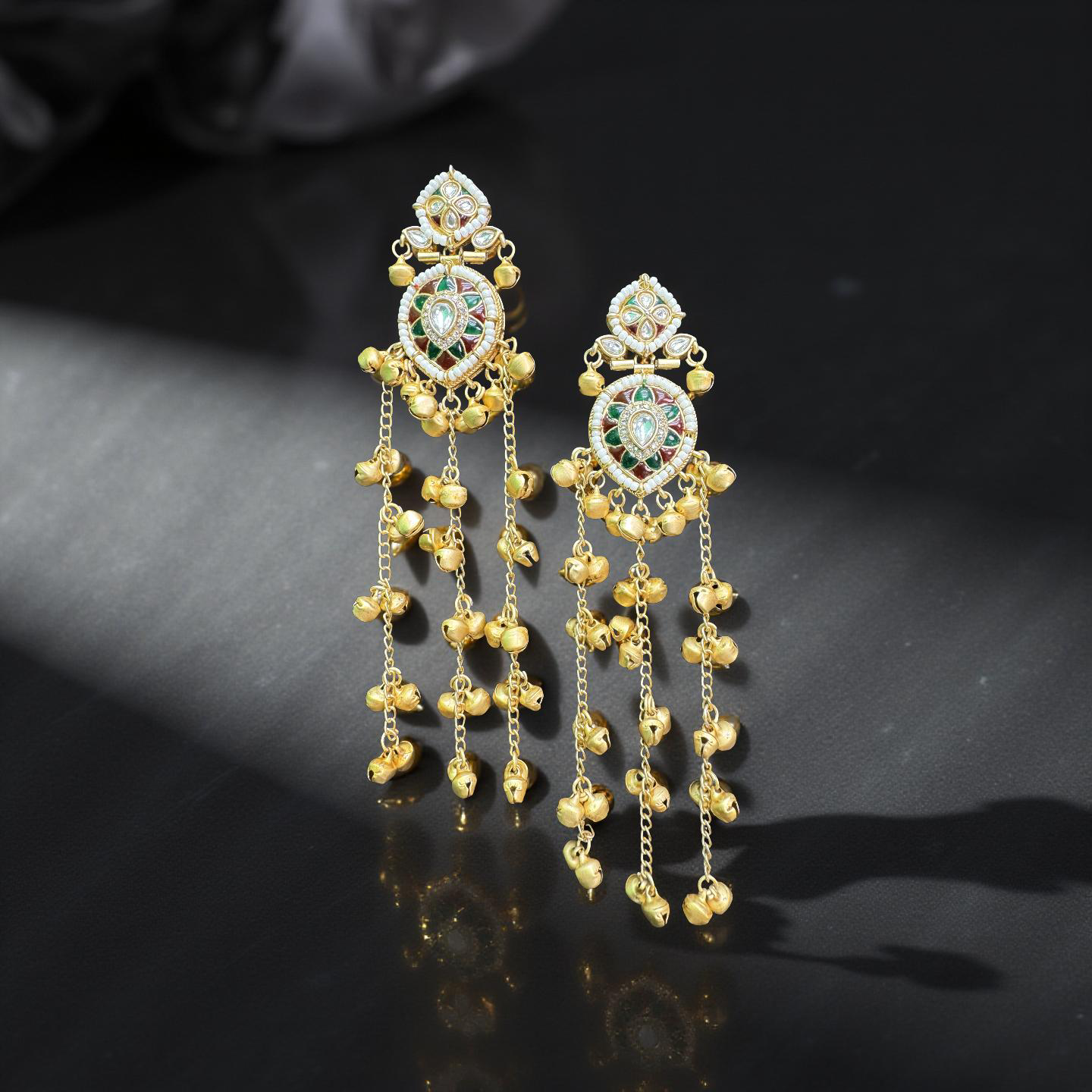 ROYAL KUNDAN JHUMKA EARRINGS WITH GHUNGROO CHAINS