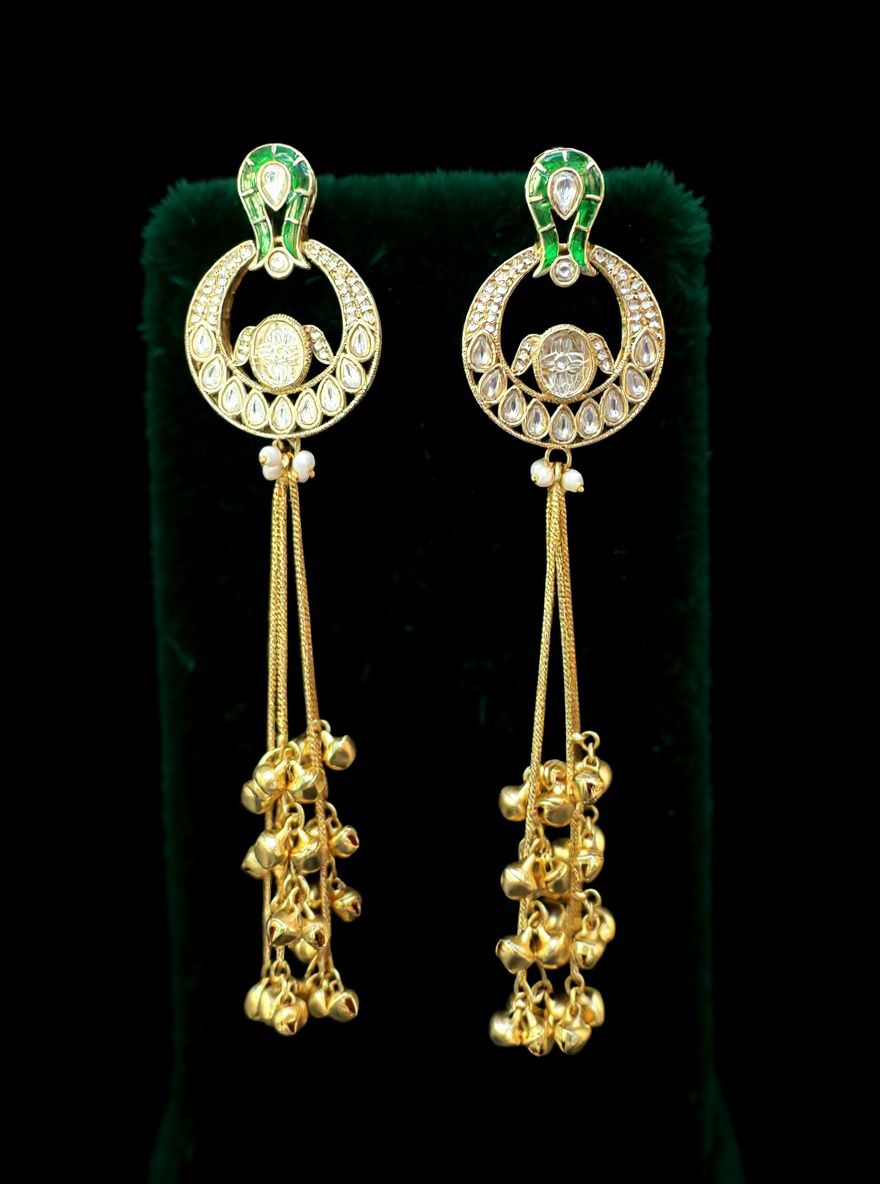 EMERALD CRESCENT KUNDAN LONG DROP EARRINGS