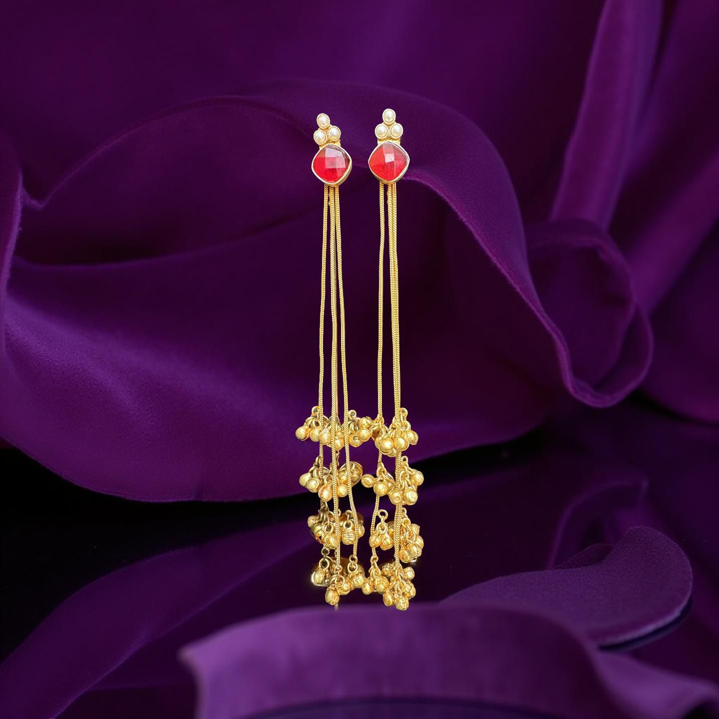 RUBY GLOW LONG TASSEL GHUNGROO EARRINGS
