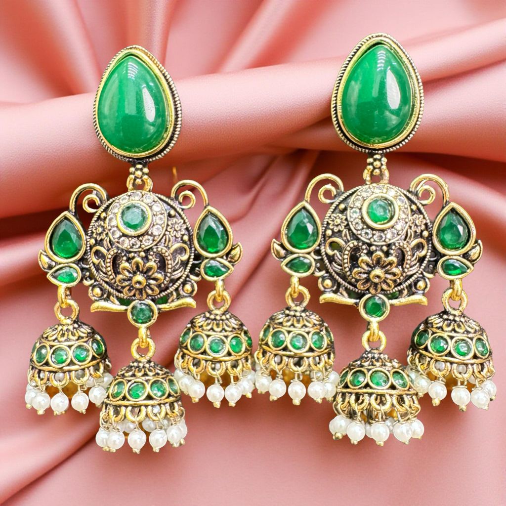 EMAERALD ROYALE ANTIQUE JHUMKA EARRINGS