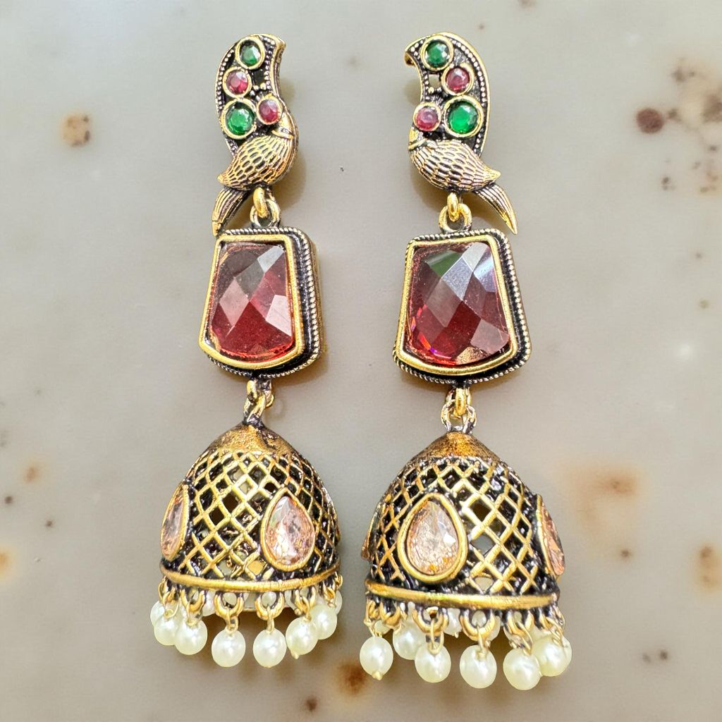 Antique Gold Parrot Drop Earrings with Ruby Red Stone