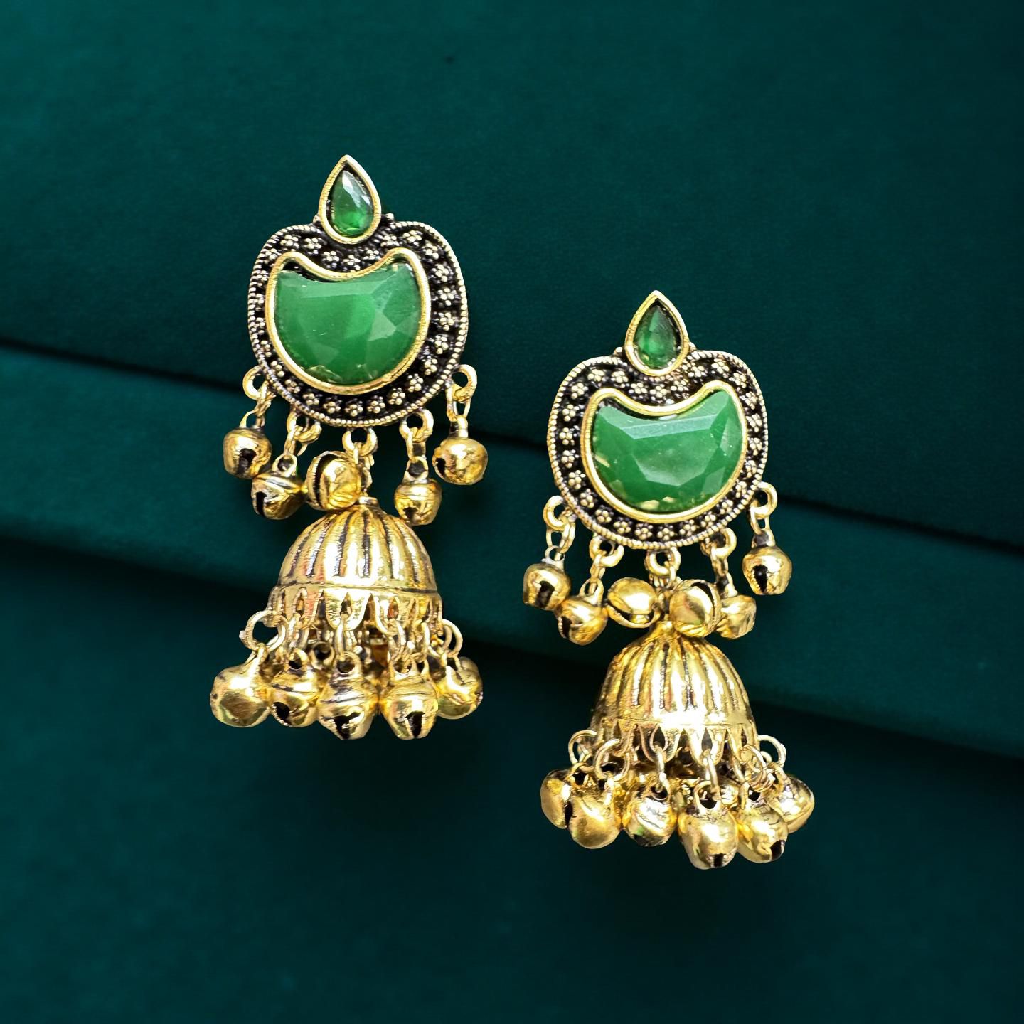 Antique Gold Green Stone Jhumka Earrings