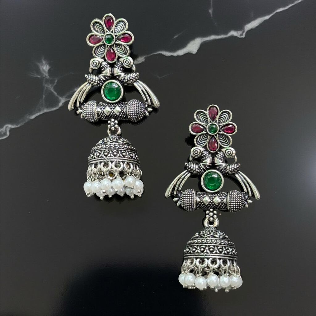 Oxidised Silver Peacock Floral Jhumka Earrings